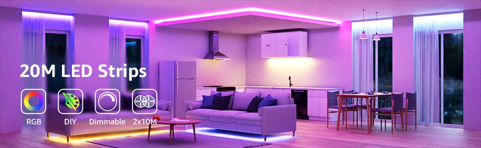 Lepro 20M LED Strip Lights with Remote, RGB Colour Changing