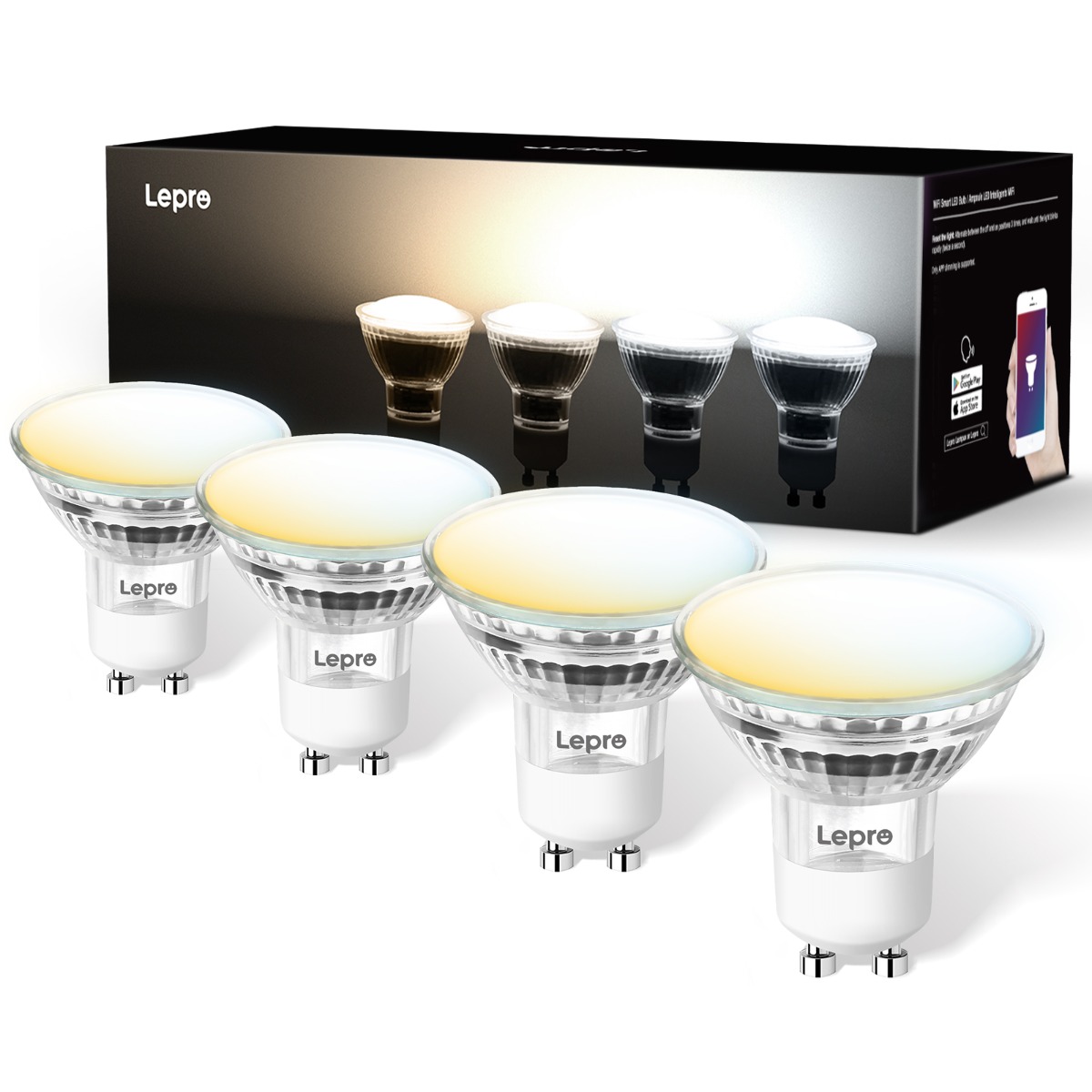 Lepro WiFi 2700K-6500K, Warm Dimmable Cool Bulbs, 50W, and Compatible GU10, to Smart Smart LED with Google Bulb, Spotlight Light 385lm, 4 = Bulb Home, of Alexa 4.5W White Pack