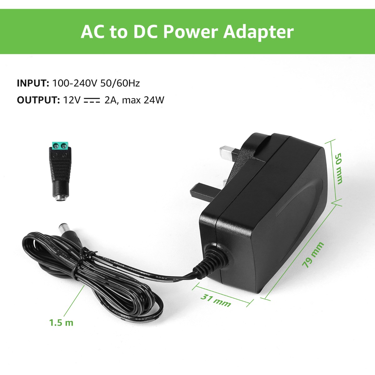 12V 2A DC Switching Power Supply AC Adapter with 2.1 x 5.5mm Center  Positive (+) Plug
