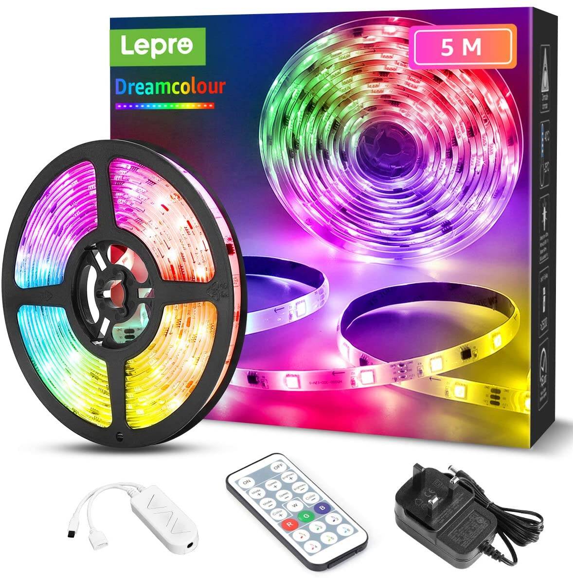 Lepro 10M LED Strip Lights with Remote, 5050 RGB Colour Changing, Plug and  Play, Stick-on LED Light for Bedroom, Kitchen, Bar Decoration (2 x 5 Metres)