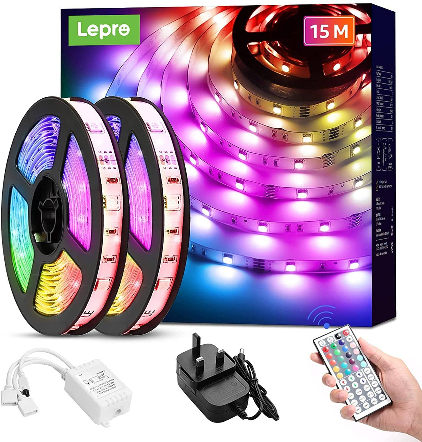 Lepro LED Strip Lights 15M with Remote and Plug, RGB Colour Changing LED  Strips, Dimmable Strip Lighting, Stick on LED Lights for Bedroom Ceiling Party  Decoration (2 x 7.5M Kit, 450 Bright 5050 LEDs)