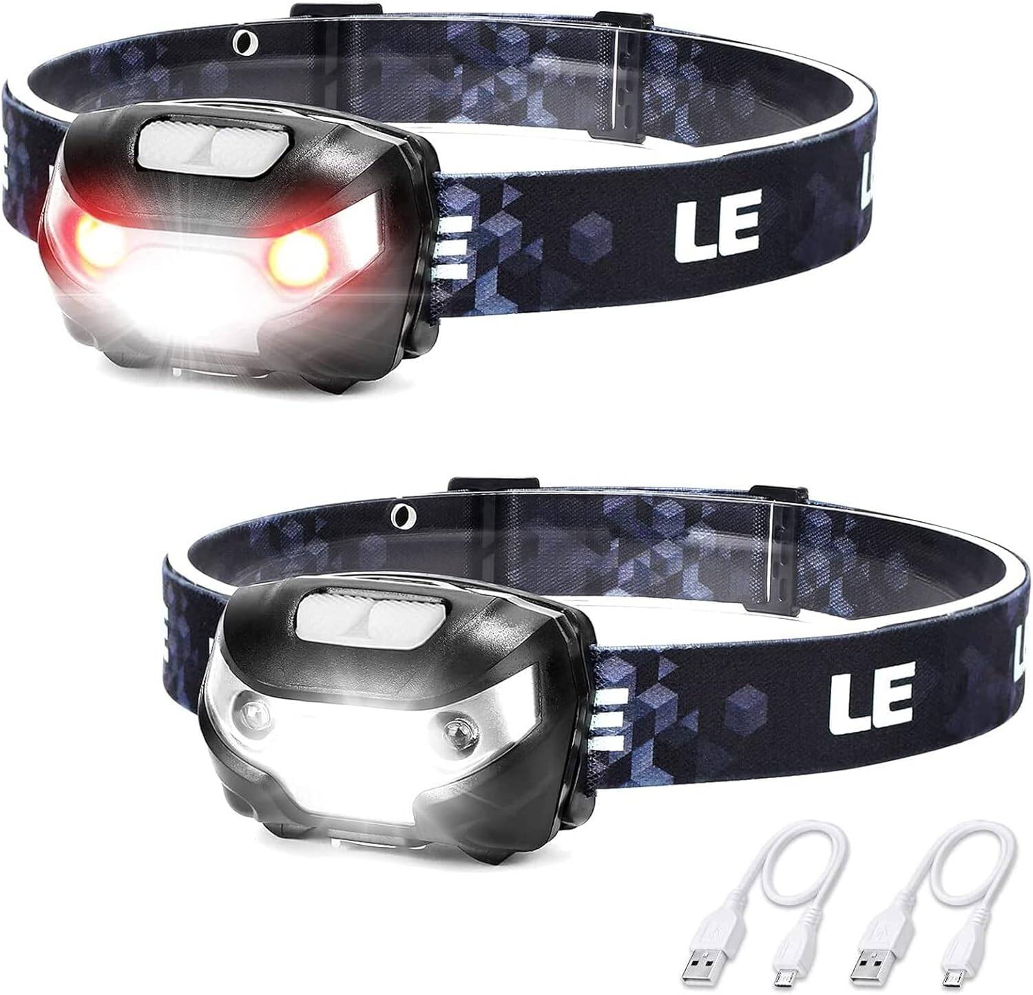 LE Head Torch Rechargeable 2 Pack Super Bright LED Headlamp Waterproof with 5 Lighting Modes 30 Hours Runtime Red Warning Lights Lightweight