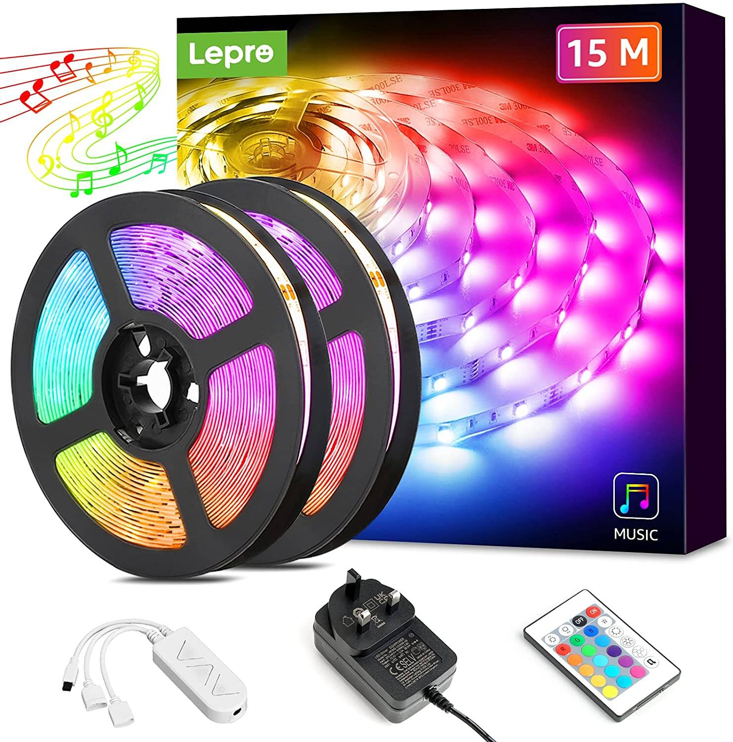 Lepro 15M Music Sync Strip Sensitive Built-in Mic, Colour Changing & Dimmable with Remote, RGB Lights for Bedroom, Party Decoration (2x7.5M, Stick-on, Plug-n-Play)