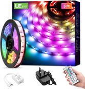LED Strip Light with Remote 5M, LE Dimmable RGB LED Strips Colour Changing Room Lights, Stick on LED Lights for Bedroom, Kitchen, Kids Room (Plug and Play, 150 Bright 5050 LEDs)