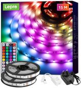 Lepro 15M LED Strip Lights with Remote, 5050 RGB Colour Changing, Plug and Play, Stick-on LED Light for Bedroom, Kitchen, Bar Decoration (2 x 7.5 Metres)