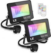 LE 15W RGB Flood Light, Colour Changing LED Garden Light with Remote Control, Dimmable Outdoor Lighting, Waterproof Floodlight with UK Plug, Pack of 2