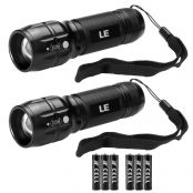 2 Pack CREE LED Torch, Adjustable Focus Tactical Flashlight, Pocket Size, 3 AAA Batteries Included