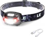 LE Head Torch Rechargeable, 1000L Super Bright LED Headlamp Waterproof with Red Warning Lights 5 Lighting Modes 30 Hours Runtime Lightweight Headlight Flashlight for Cycling Running Camping