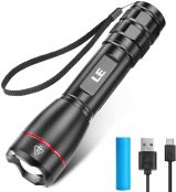 LE LED Torch, USB Rechargeable, Super Bright LP3000 Torch, IPX7 Waterproof, 5 Lighting Modes, Portable LED Flashlight for Camping, Cycling, Running, Dog Walking and More Outdoor Use
