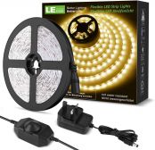 LE Warm White LED Strip Light 5M, 1200lm Dimmable Light Strip, 300 LEDs 3000K Flexible LED Tape for Bedroom Kitchen Cabinet Wardrobe Stair TV and More (12V Power Plug and Dimmer Switch Included)