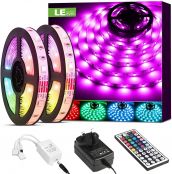 LE LED Strips Lights 10M, RGB Colour Changing Lighting Strip with Remote and Power Plug, 5050 LEDs Tape for Bedroom, Kitchen, Party Decoration and More (2 x 5 Metres)