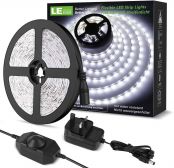 LE Daylight White LED Strip Light 5M, 300 LEDs, Dimmable 1200lm Bright Light Strip, 6000K Cool White Stick-on LED Tape for Home Kitchen Bedroom and More (12V Power Plug and Dimmer Switch Included)