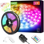 Lepro LED Strip Lights 5M, Music Sync LED Strip Lights with Remote and Plug, 150 Bright 5050 LEDs, Dimmable, Colour Changing LED Light for Bedroom, Kitchen, Party, Teen Girl Room Decor