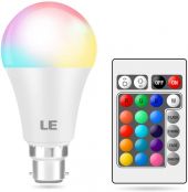 LE Colour Changing Light Bulb B22, Dimmable LED Bayonet Bulb, RGB & Warm White, 16 Colours, 9W = 60W, Coloured Room Decorations for Birthday, Party, Home Bar, KTV and More, Remote Control Included