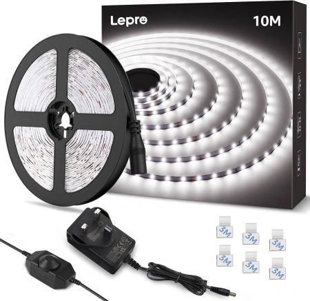 Lepro 10M LED Strip Lights Kit Dimmable Cool Daylight White 6000K Plug and Play LED Tape for Bedroom Kitchen Cabinet Mirror and More 24V Power Supply and Dimmer Switch Included