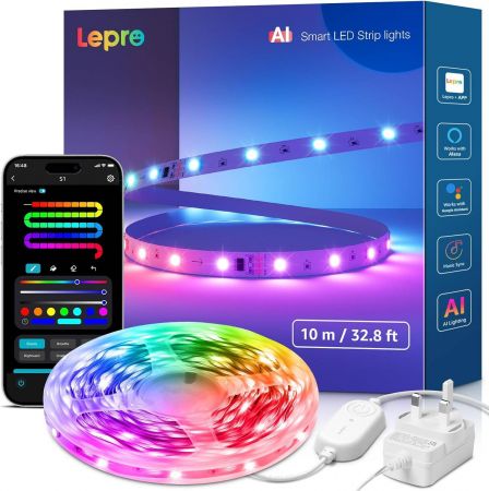 Lepro AI Smart LED Strip Light 10M Alexa Google Assistant Compatible Segmentable Colour App Voice Control Music Sync