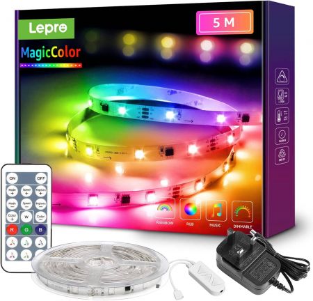 Lepro 5M MagicColor LED Strip Lights Kit Music Sync Sensitive Built in Mic IP65 Waterproof RGB Colour Changing 5050 LED Rope Light for Bedroom Party Bar Decoration 5M Stick on Plug n Play Energy Class...