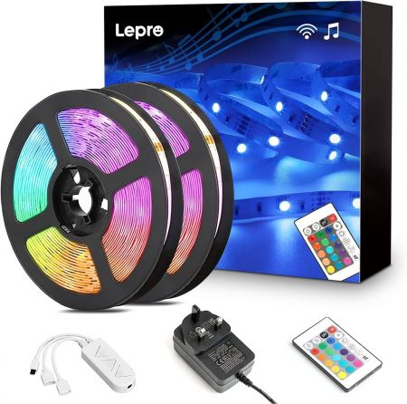 Lepro 10M Music Sync LED Strip Lights Sensitive Built in Mic Colour Changing Dimmable with Remote 5050 RGB LED Lights for Bedroom Party Decoration 2x5M Stick on Plug n Play