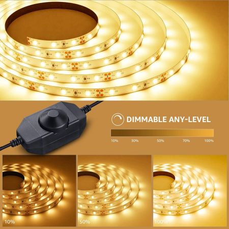 5M Dimmable LED Strip Light Kit Warm White Dimmer and Power Adapter Included Lepro