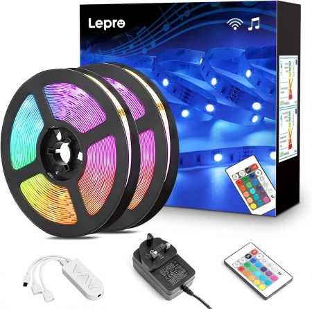 Lepro 15M Music Sync LED Strip Lights Sensitive Built in Mic Colour Changing Dimmable with Remote 5050 RGB LED Lights for Bedroom Party Decoration 2x7.5M Stick on Plug n Play