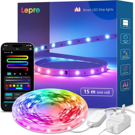 Lepro S1 AI Smart LED Strip Light 15M one roll App Voice Control Works with Alexa Google Home AI Generated Lighting LLM DIY Multiple Colors Music Sync MagicColor LED Lights