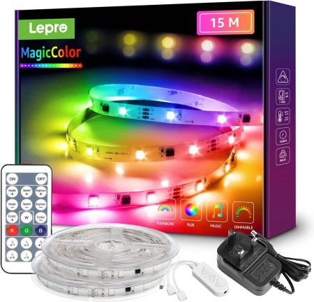 15M MagicColor LED Strip Lights Music Sync RGBIC Rainbow Colour Changing IP65 Waterproof Rope Light for Bedroom Home Party Gaming Room Decoration 2x7.5M Stick on Plug n Play Energy Class G